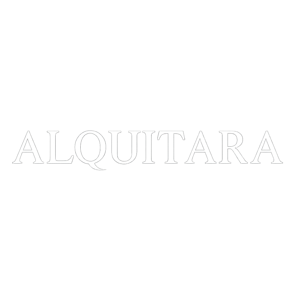 Logotipo ALQUITARA en fondo blanco. Especialistas en listas de boda Cuidada selección de artículos de mesa y decoración